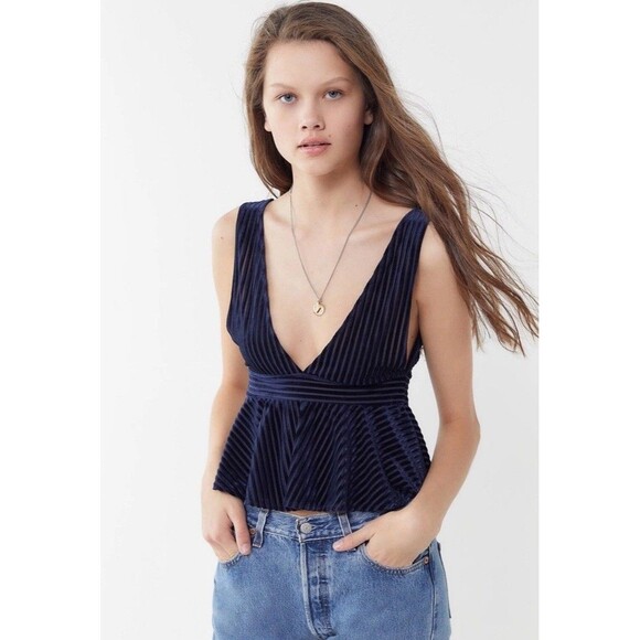 Urban Outfitters Tops - URBAN OUTFITTERS Leora Velvet Plunging Peplum Sexy Boho Top Navy Blue Size M